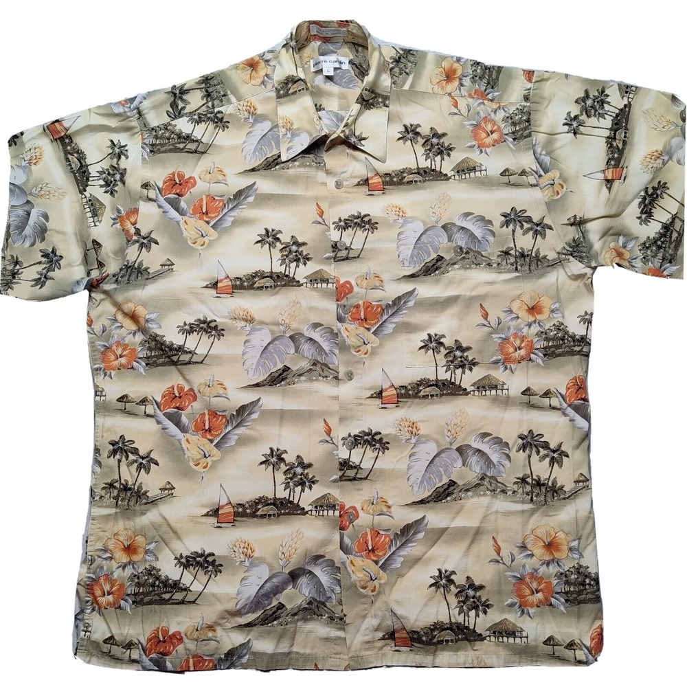 VTG PIERRE CARDIN Men Large Yellow Allover Tropical Print Cotton Hawaiian Shirt
